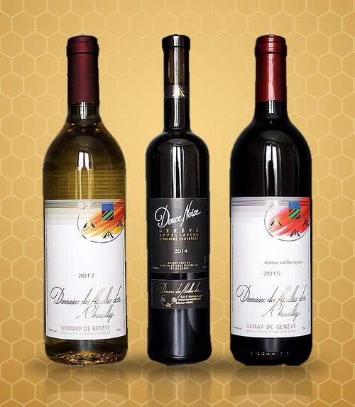 Les trois vins du coffret découverte du Domaine des Abeilles d'Or : Viognier, Douce Noire et Gamay réserve vieilles vignes